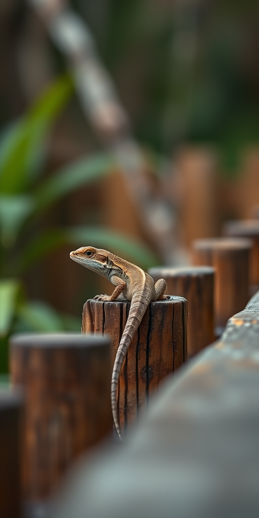 lizard on wooden fence with blurred background, 50mm lens, f/2.8 aperture, ISO 100, 1/200s shutter speed, shallow depth of field, taken with a DSLR camera