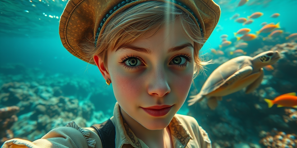 Realistic selfie image of a Chaldean, wearing a vintage outfit, detailed dreamy eyes, droopy hooded eyes, staring at the camera, taken underwater at coral reef with a sunbeam filtering through the water, vibrant, summer vacation, natural lighting, turtle and school of tropical fish with vibrant colors, rendered in the style of CryEngine, Pegi Nicol MacLeod, with realistic genre scenes, hauntingly beautiful narratives, ultra-realism, and Thomas Saliot's close-up technique, 8K resolution, crystal clear and sparkling water.