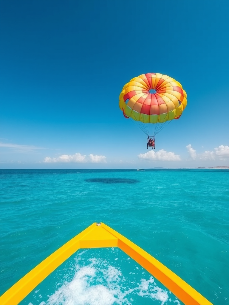 Capture a vibrant parasailing scene over calm blue waters with a bright, colorful parachute, a sleek yellow boat in the foreground, use a DSLR camera with a 24mm lens, aperture f/8, shutter speed 1/1000s, ISO 200, and a wide-angle shot to enhance clarity and detail.