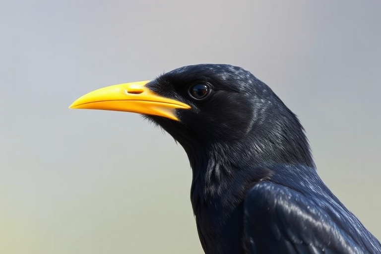 Generate a high-resolution image of a black bird with a yellow beak, captured using a DSLR camera with a 50mm lens, aperture f/2.8, ISO 100, in natural light, shallow depth of field, side view.