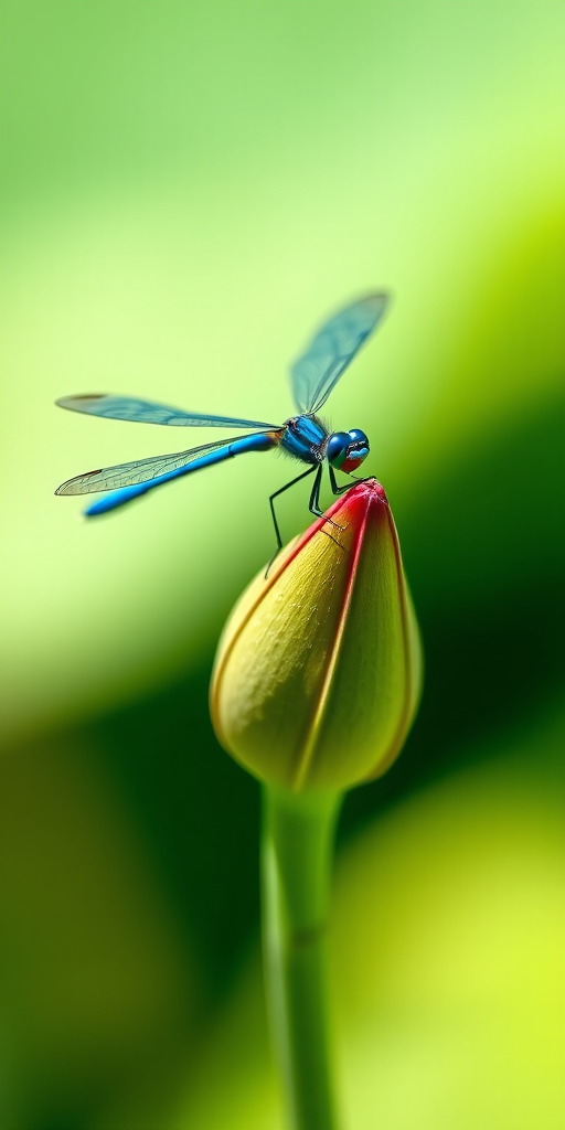 macro shot of a blue dragonfly perched on a lotus bud with a soft green background, aperture f/2.8, shutter speed 1/200s, ISO 100, 100mm lens, DSLR camera, natural lighting, shallow depth of field
