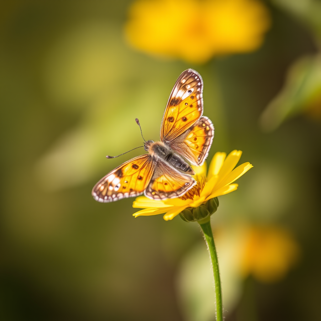 butterfly on a yellow flower, shallow depth of field, natural light, macro lens, ISO 100, aperture f/2.8, shutter speed 1/250 sec, soft focus background, vibrant colors, high contrast