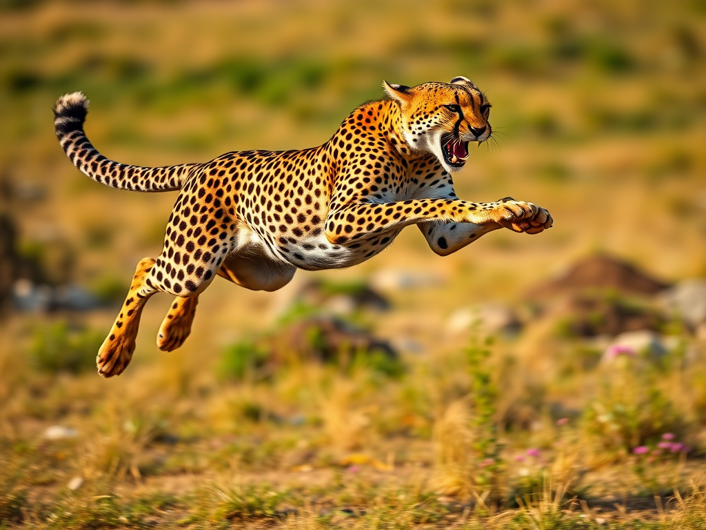 A high-resolution image of a leaping cheetah, captured with a Canon EOS 5D Mark IV, 1/1000s shutter speed, f/4 aperture, 200mm lens, vibrant colors, action capture style, clear background.