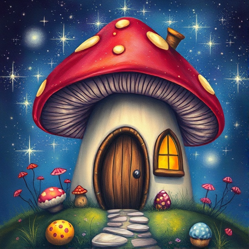 this picture is illustration of a mushroom house with a door and a window, a storybook , fantasy art, mushroom house, bg starry sky, sparkles