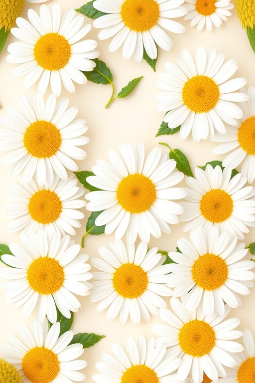Create a seamless pattern of white daisies with yellow centers and green leaves on a light cream background, shot with a DSLR camera at f/8 for depth of field, 1/125 sec shutter speed, ISO 200, top-down view to capture the full design, using a macro photography style for intricate detail.