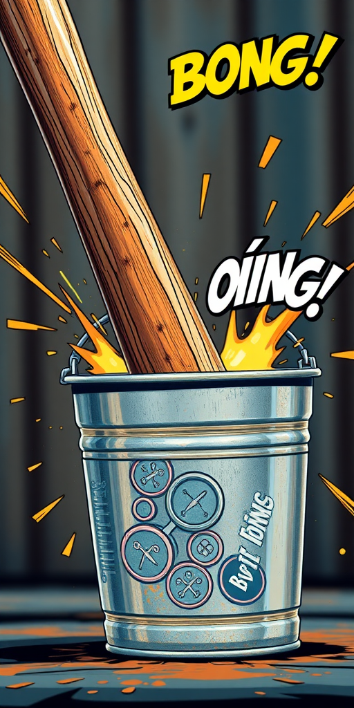 Create a high-resolution illustration of a wooden baseball bat striking a metal bucket, with comic-style "BONG" sound effects, using a DSLR camera with a 50mm lens at f/2.8 for a shallow depth of field and vibrant colors, capturing the dynamic motion and impact.