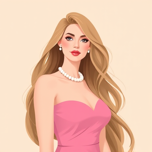 Create a high-resolution vector illustration of a glamorous woman with long flowing hair, wearing a pink dress and a pearl necklace, set against a soft beige background, using a digital camera with a 50mm lens, aperture set to f/1.8, ISO 100, capturing in a soft focus style for a dreamy effect.