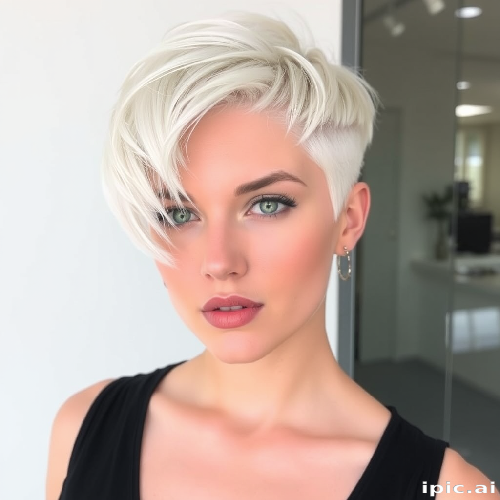 Platinum blonde pixie cut with asymmetrical bangs and shaved sides, the Frost Nova style exudes edgy elegance and icy sophistication, perfect for a bold fashion statement