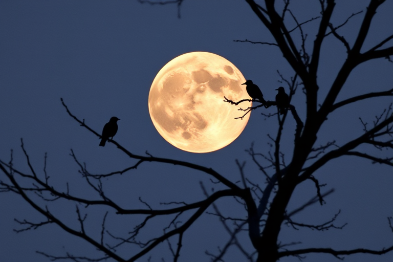 Capture a high-resolution image of a full moon in the night sky with silhouetted branches of a tree and birds perched on them, using a DSLR camera with a 200mm lens, f/8 aperture, ISO 100, shot at dusk with a clear view to ensure sharpness and detail.