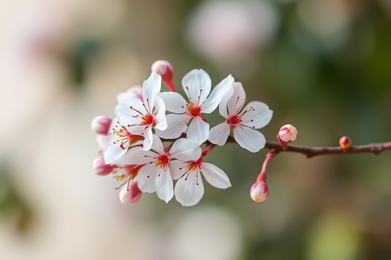Generate a high-resolution image of a delicate floral branch with white and soft pink flowers on a transparent background, captured with a Canon EOS R5 at f/2.8 with a 100mm lens, in soft natural lighting, using a macro photography style for enhanced detail and clarity.