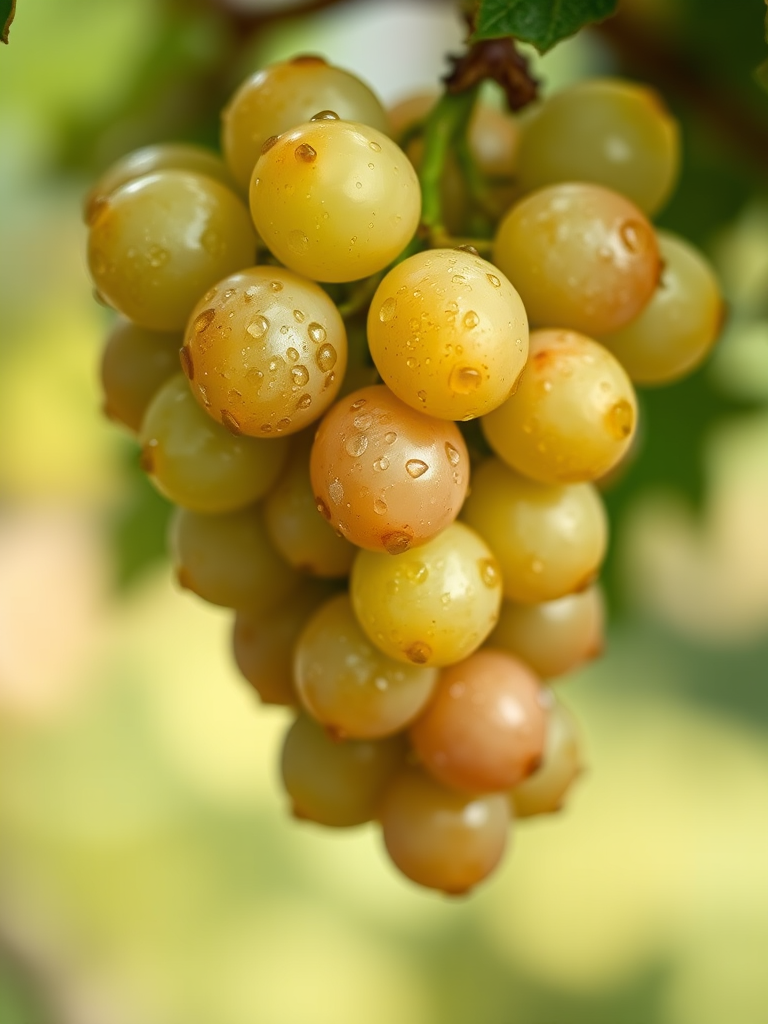 high-resolution image of a cluster of fresh grapes covered in water droplets, soft focus background with bokeh effect, natural lighting, macro lens, f/2.8 aperture, 100mm focal length, ISO 100, shot from a slightly elevated angle, shallow depth of field