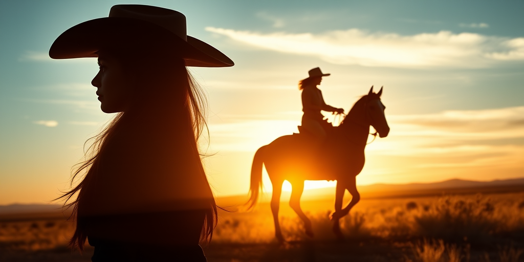 "Create a Double exposure", a silhouette "profile portrait of a young cowgirl" with long hair "superimposed" against a long shot of a cowgirl riding a horse across the plains, fantastic view, 32k, cinematic, hyper-realistic.