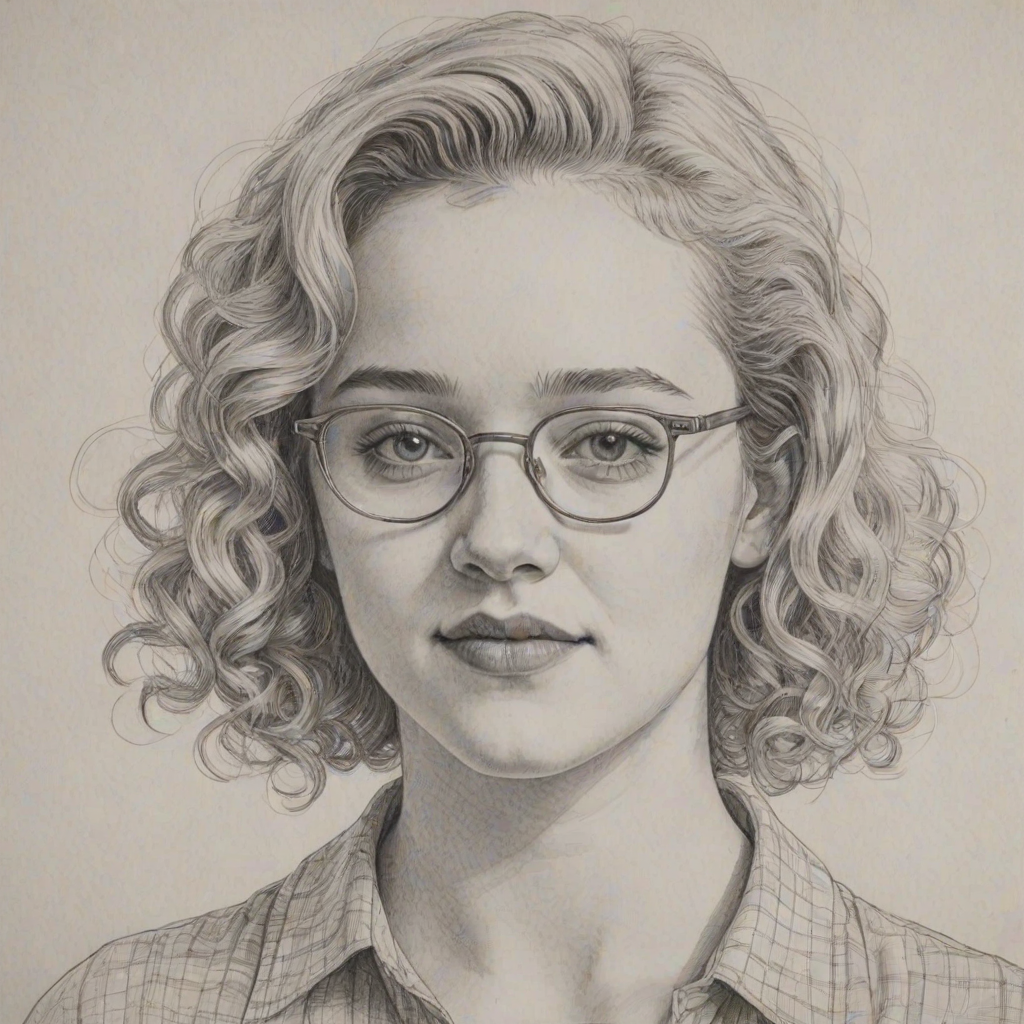Delightful Julia Garner, pencil sketch, portrait of Dazzling woman 1969s in glasses, hair style beatnik, outline, clear lines, fine lines, 8k