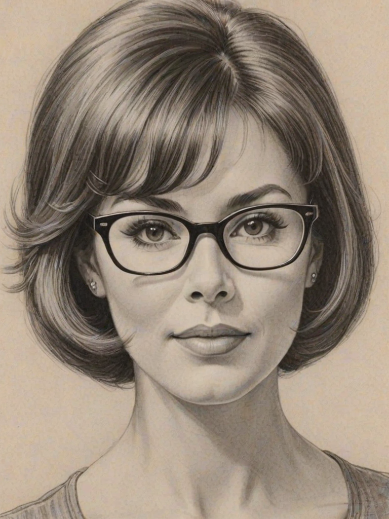 Elegant Michele Lee, pencil sketch, portrait of Attractive woman 1961s in glasses, hair style beatnik, outline, clear lines, fine lines, 8k