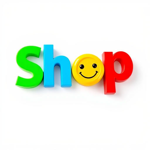 Create a vibrant 3D text logo reading "Shop" in colorful letters (green, blue, red) with a smiling sun character, using a shallow depth of field, f/2.8 aperture, 50mm lens, studio lighting, and a clean white background for enhanced clarity and brightness.