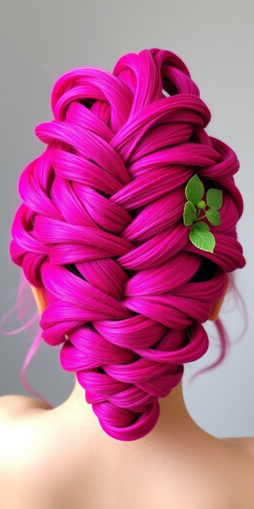 Vibrant magenta hair arranged in an elaborate updo resembling a blooming flower, with intricate braids and twists forming petals and leaves, embodying a botanical masterpiece named Fuchsia Floret