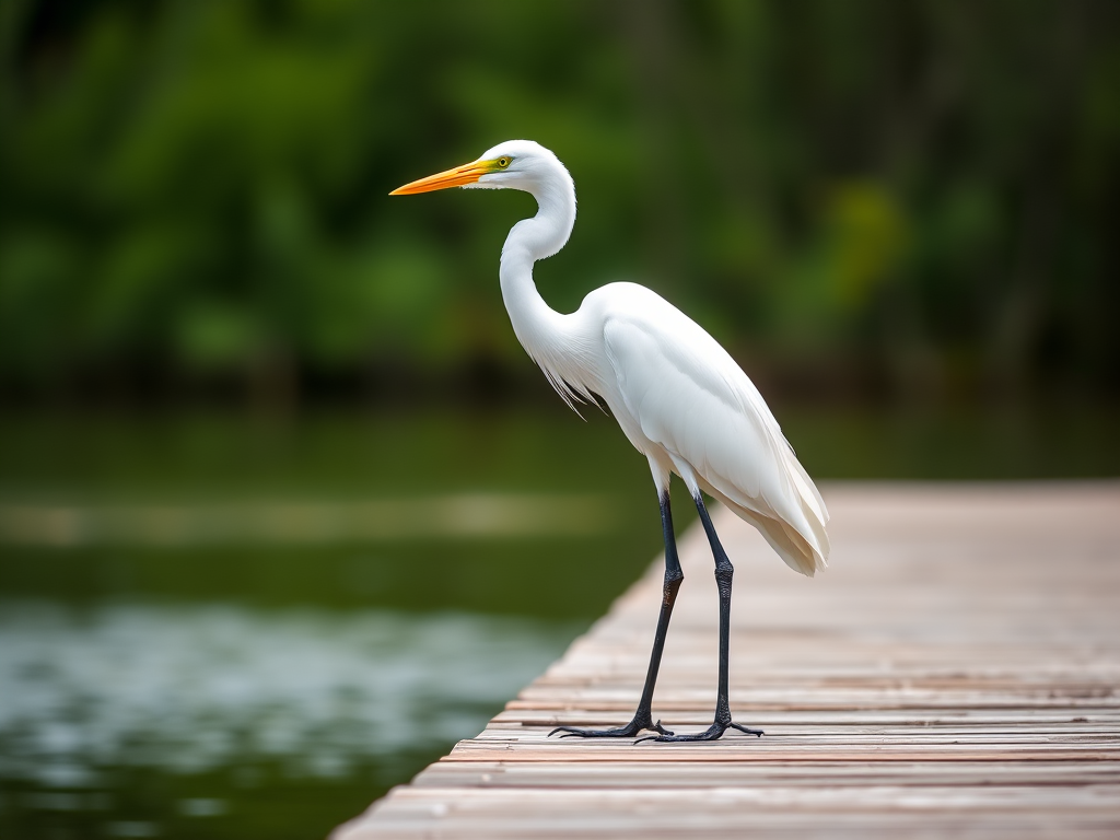 Create a high-resolution image of a great egret standing on a wooden dock with a blurred green background, natural lighting, shot with a DSLR camera at f/4, ISO 100, and a shutter speed of 1/500s, using a 200mm lens and a shallow depth of field for enhanced focus on the bird.