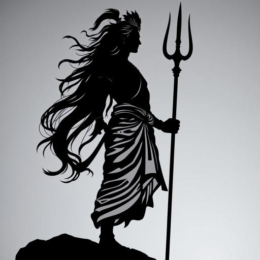 Create a highly detailed black and white silhouette illustration of a majestic figure holding a trident, standing in profile with flowing hair and traditional attire, set against a minimalistic background, using a DSLR camera with a 50mm lens, f/1.8 aperture, ISO 100, shot in natural light, with a low angle view to emphasize height and stature.