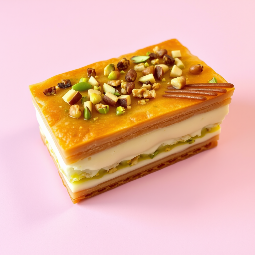 A rectangular dessert made of layers of creamy filling and crispy pastry, topped with chopped pistachios and walnuts, sitting on a light pink background. The dessert has a golden brown and slightly caramelized appearance on top, with visible layers showcasing the creamy texture.