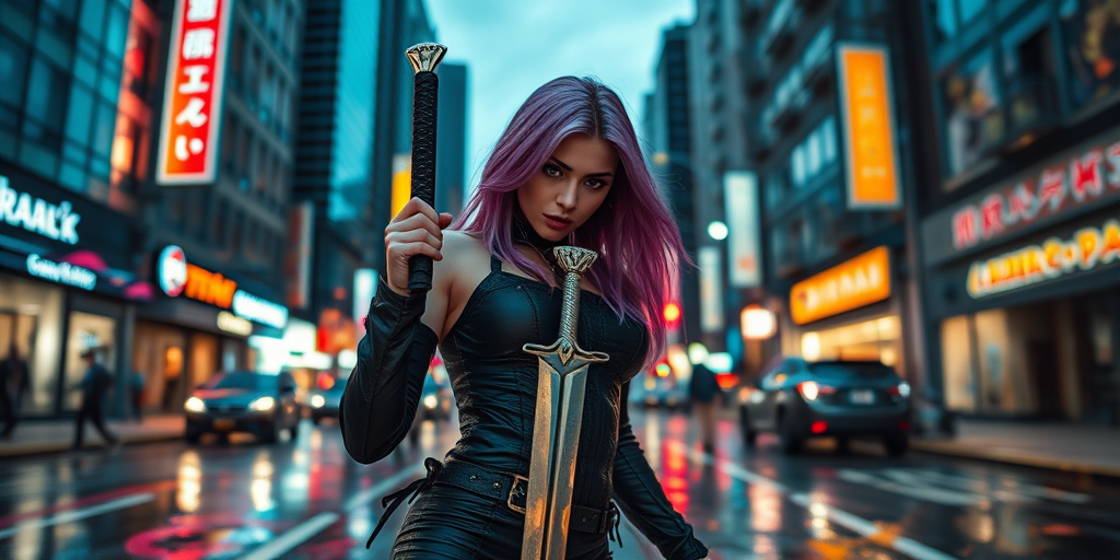 Cyberpunk cityscape featuring a fierce woman with purple hair in a black leather outfit holding a sword, neon lights reflecting off wet pavement, dusk setting, captured with a Canon EOS R5, 50mm lens, f/1.8 aperture, ISO 400, 1/125s shutter speed, low angle shot for dramatic effect.