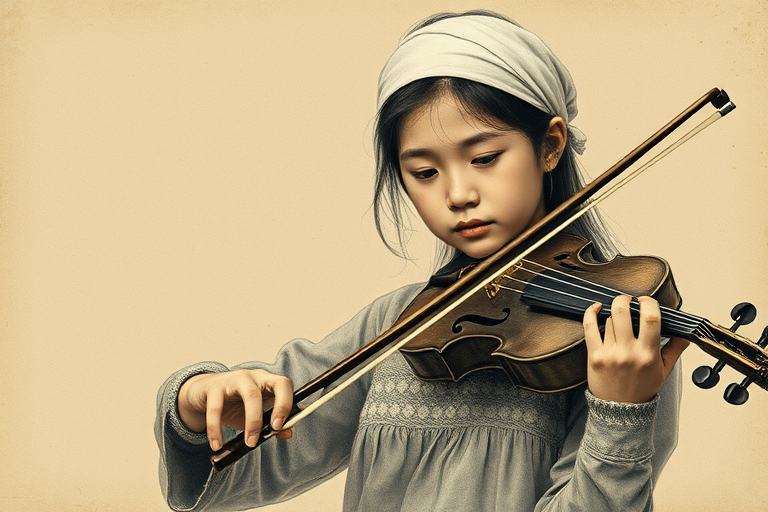 a young Kyrgyz woman with a white headband playing a violin, in the style of a charcoal drawing, sepia grunge background