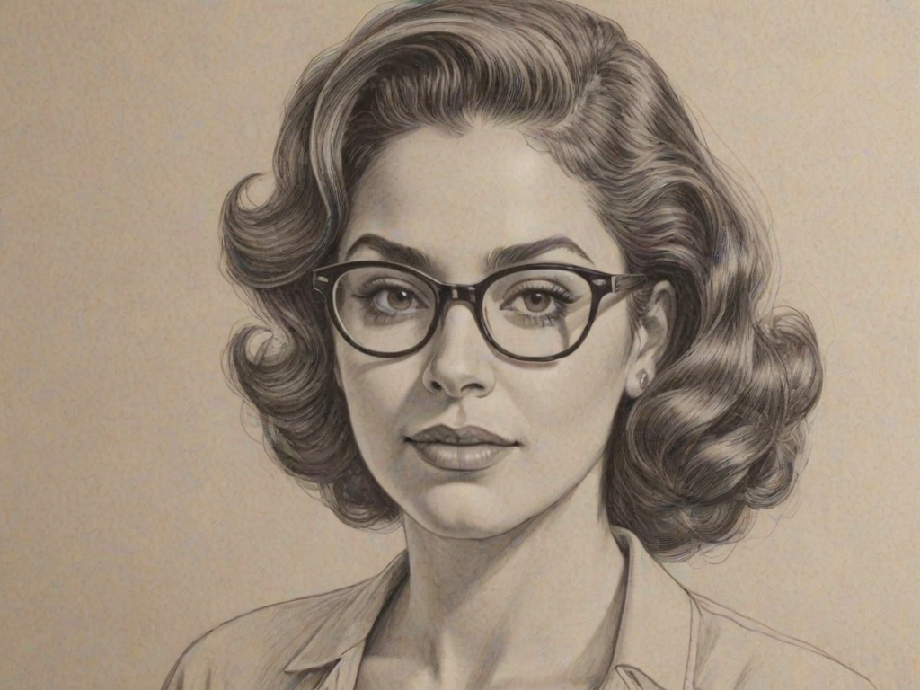 Sublime Marissa Jaret Winokur, pencil sketch, portrait of Attractive woman 1944s in glasses, hair style beatnik, outline, clear lines, fine lines, 8k