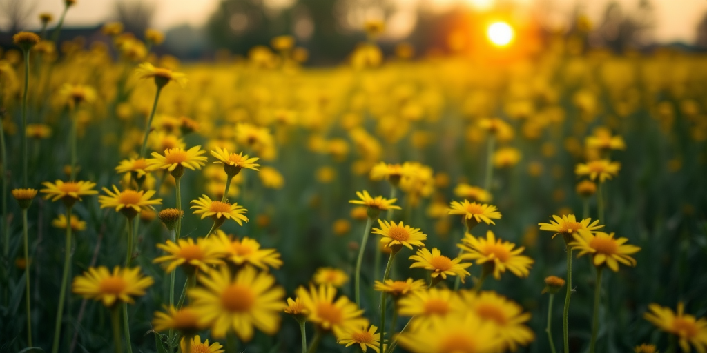 vibrant field of yellow flowers at sunrise with soft morning light, low angle view, DSLR camera, f/4 aperture, 1/200 sec shutter speed, ISO 100, wide-angle lens