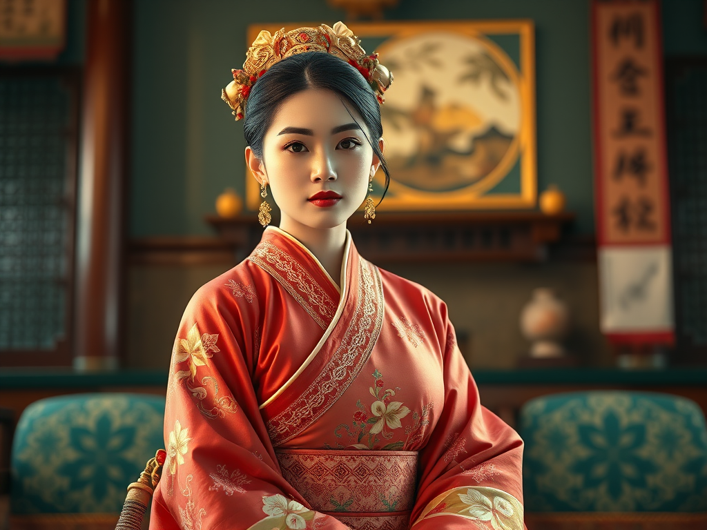 A beautiful Ryukyuan woman in traditional East Asian attire, intricately detailed with embroidered patterns, sitting gracefully in a richly decorated room, soft ambient lighting, serene and elegant, ultra-realistic, 8K resolution
