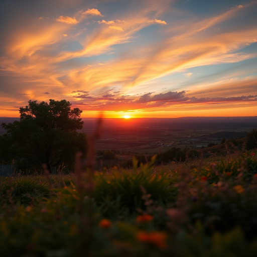 Generate a high-resolution image of a scenic landscape with vibrant colors during sunset, captured using a DSLR camera at f/8 aperture, ISO 100, 50mm lens, shot from a low angle to emphasize foreground details and using a vivid color profile.