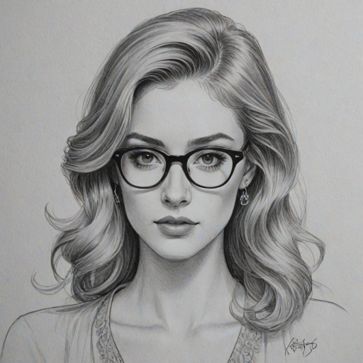 Elegant Katherine McNamara, pencil sketch, portrait of Resplendent woman 1946s in glasses, hair style beatnik, outline, clear lines, fine lines, 8k