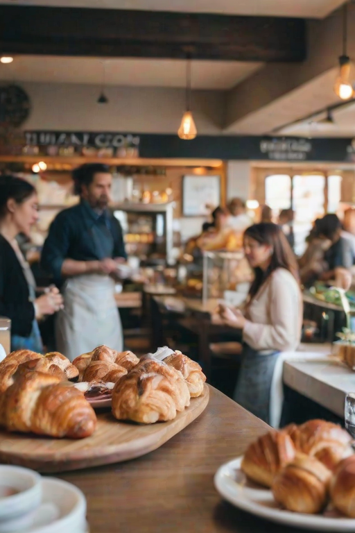 Blurry candid shot of a bustling cafeduring brunch, with patrons chatting and enjoying their meals, soft light illuminating the pastries displayed at the counter.