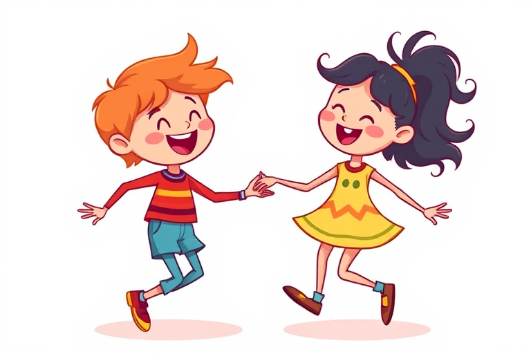 Create a playful illustration of two happy, stylized characters dancing together, with a clean white background, using a DSLR camera with a 50mm lens at f/1.8, ISO 100, and a bright color palette to enhance image vibrancy.