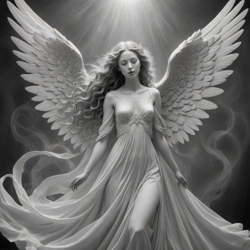An angel, crafted in the unique style of Folk Art, as she unfolds herself against an ethereal backdrop, her wings softly billowing, face radiating a heavenly glow, every curl in her strikingly serene countenance finely brushed, monochrome, detailed techniques, ultra fine, breathtaking surreal masterpiece