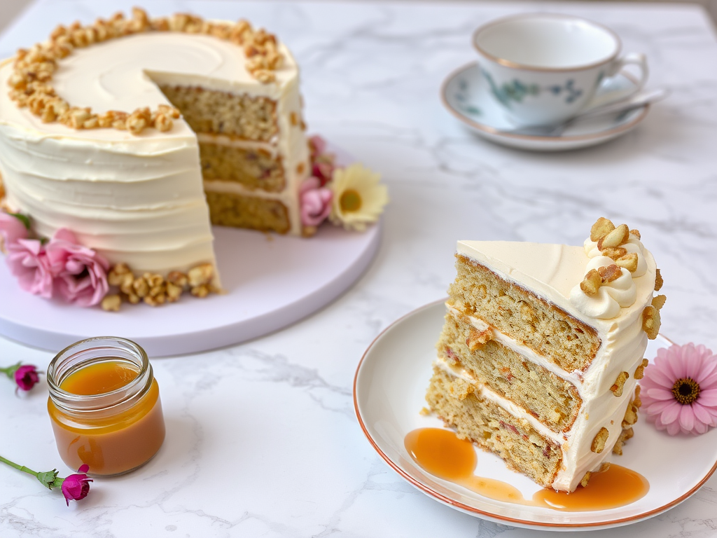 A beautifully decorated layer cake with a creamy frosting and chopped nuts on the sides, a slice of the cake on a plate showing its layers, surrounded by flowers and a small jar of caramel sauce, set on a marble table with a delicate tea cup.