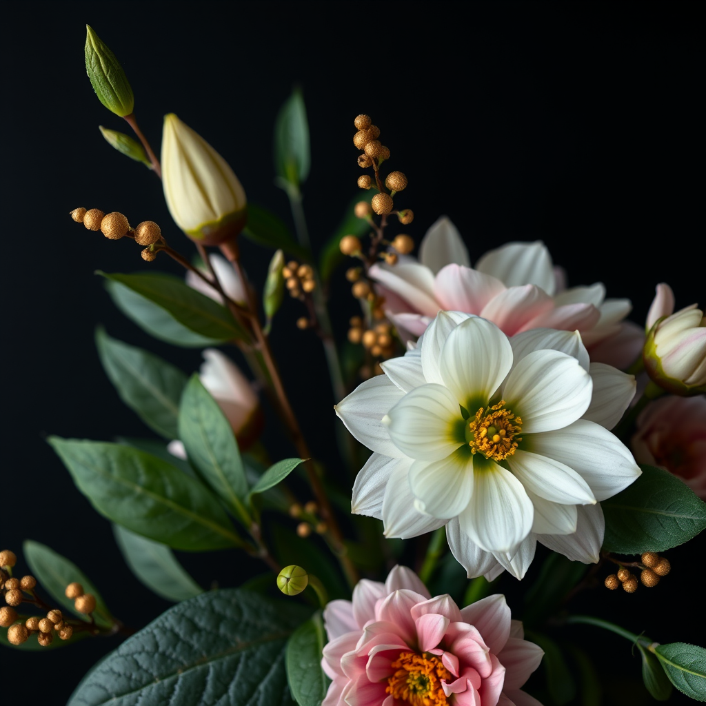 Create a high-resolution image of a floral arrangement with green leaves and gold accents on a black background, using a Canon EOS R5 camera, 50mm f/1.2 lens, aperture set to f/2.8, ISO 100, and a soft focus style to enhance depth and detail.