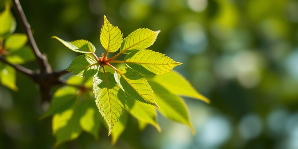 close-up of green leaves on a branch, shallow depth of field, soft bokeh background, captured with a Canon EOS 5D Mark IV, 50mm lens, f/2.8, ISO 100, 1/500 sec, natural sunlight
