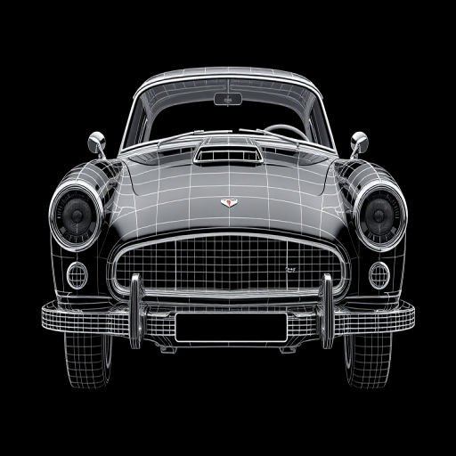 Generate a high-quality image of a classic car with a wireframe style on a black background, using a Canon EOS 5D Mark IV with a 50mm f/1.8 lens, ISO 100, aperture f/8, and shutter speed 1/125 sec, taken from a front three-quarter view to enhance detail and depth.