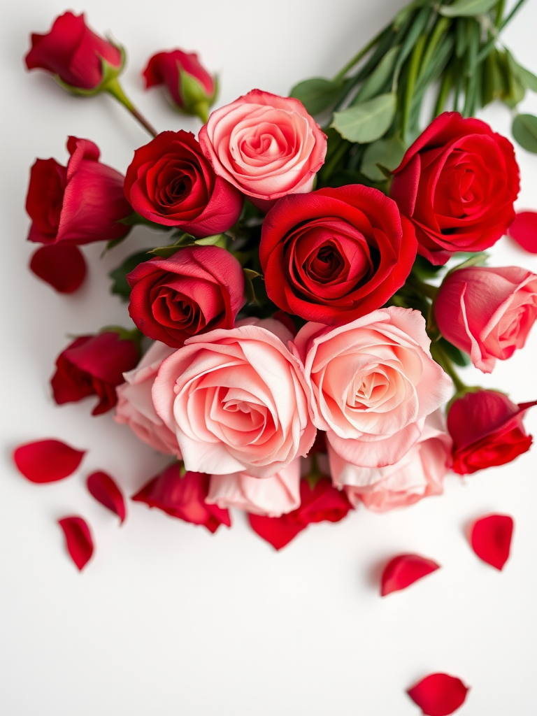 A vibrant bouquet of red and pink roses arranged artfully on a white background, taken with a DSLR camera at f/2.8, 50mm lens, 1/250 sec shutter speed, using a soft natural light setup for enhanced texture and color depth.