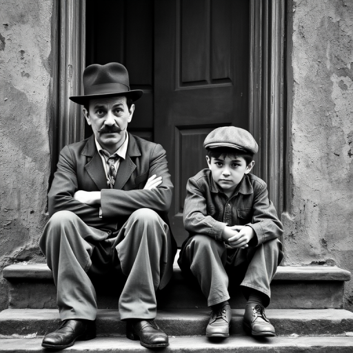 A black-and-white photograph of a man and a child sitting on steps in front of a doorway. The man is dressed as a tramp with a bowler hat, mustache, and ragged clothes, reminiscent of Charlie Chaplin's iconic look. He is sitting with his arms crossed and an expression of slight sadness or frustration. Next to him is a young boy, also in worn clothes and a cap, sitting with his hands clasped, looking thoughtful. The background is an old, textured wall and a partially open door, creating a vintage, early 20th-century atmosphere.