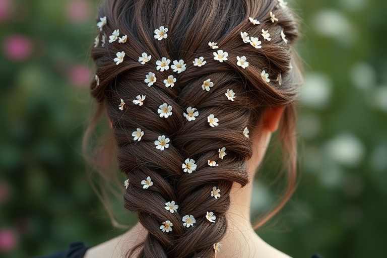 Romantic chocolate brown mermaid braid adorned with tiny flowers, cascading down the back for a whimsical and enchanting appearance