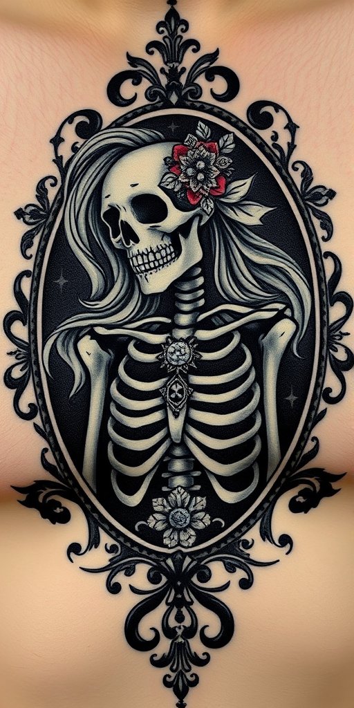 Macabre Victorian-inspired cameo tattoo portraying a skeleton adorned with ornate jewelry and flowing hair, framed by intricate filigree work, nestled in the center of the chest