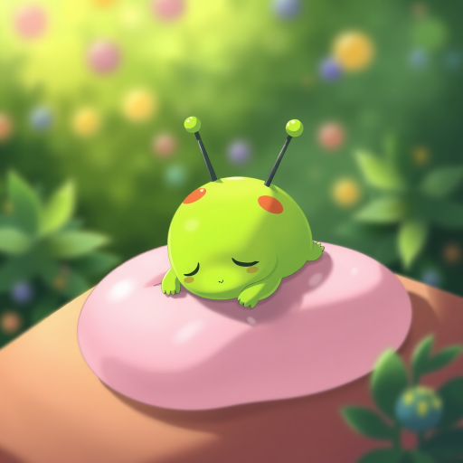 Create a bright, high-resolution illustration of a cartoonish green creature sleeping with a rounded body and two antennae, using a soft focus background, 50mm lens, f/2.8 aperture, ISO 100, top-down view, in a digital art style.