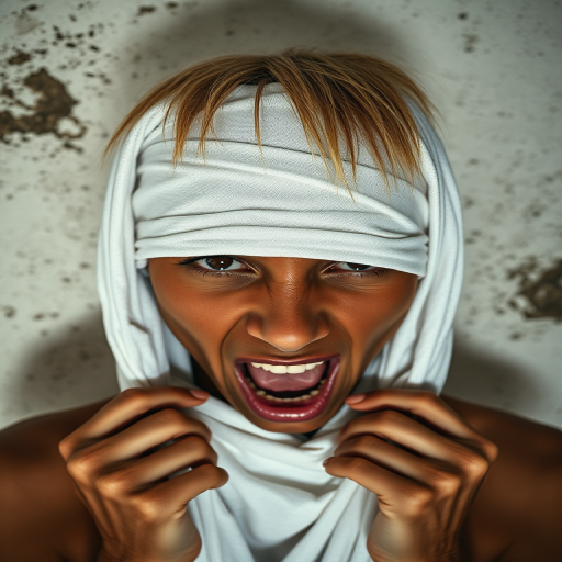 Create a close-up photographic image of a taino woman with light skin tones shown against an old, worn wall. Their head is wrapped in a white cloth covering (i.e.... parts of the head except the nose and mouth, which are open as if they are screaming...), with a slight texture and visible folds in the fabric. Thin strands of blonde hair escape from the wrapping above, falling lightly at the top and sides. Their hands hold the fabric as if they are tugging nervously. The lighting is dramatic and even, casting strong shadows. The image has a minimalist and surreal style with an emphasis on simplicity with soft color tones. The composition is centered.