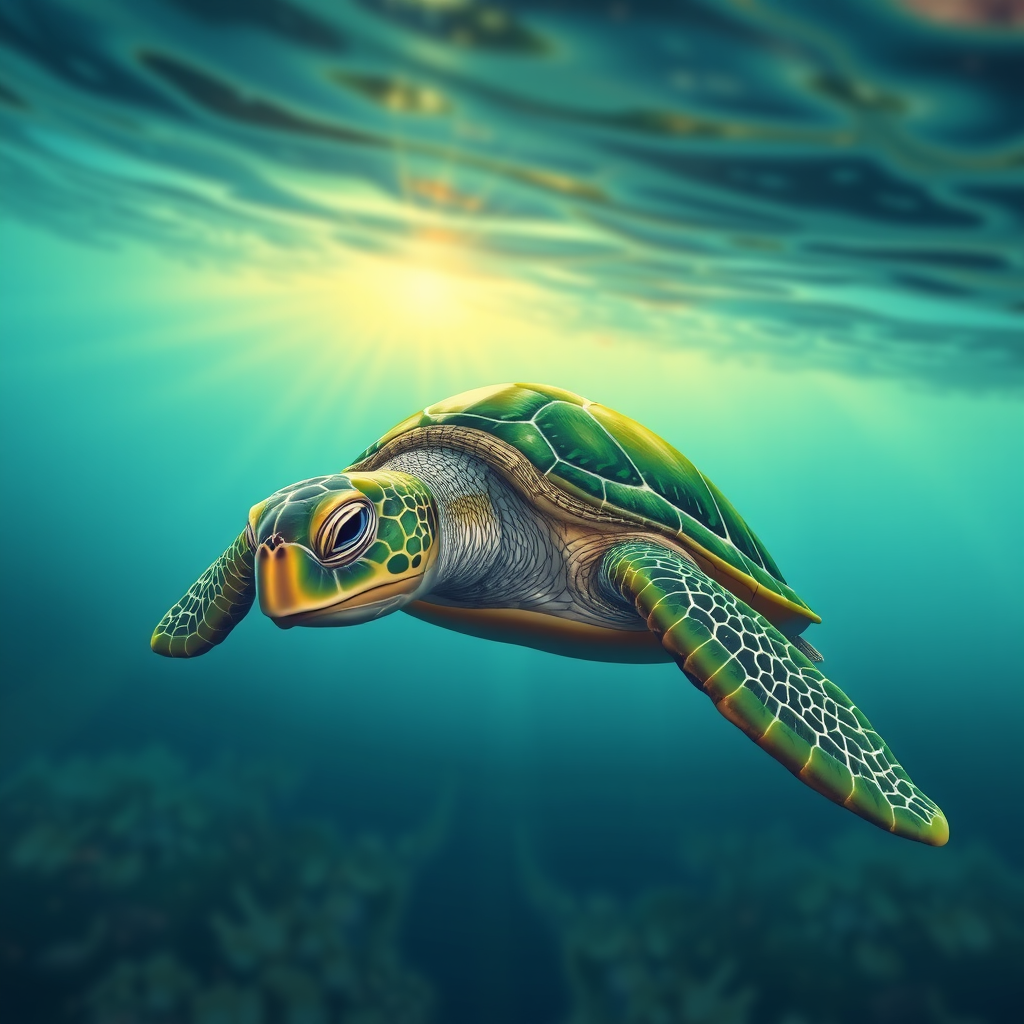 Create a vibrant illustration of a green sea turtle swimming gracefully through the water, using high detail and bright colors, shot with a DSLR camera at 50mm, f/2.8 aperture, ISO 100, in a close-up view to emphasize textures and patterns.