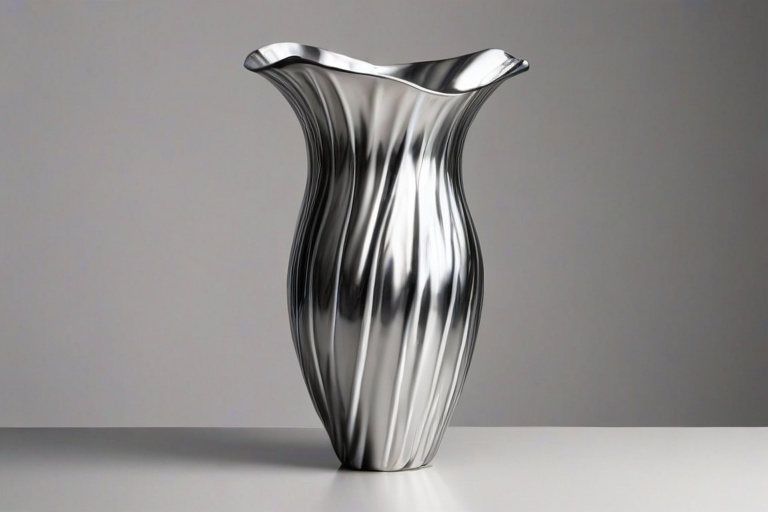 Generate an image of a shiny silver vase with flowing fabric-like texture draped around it, set against a minimalistic background.