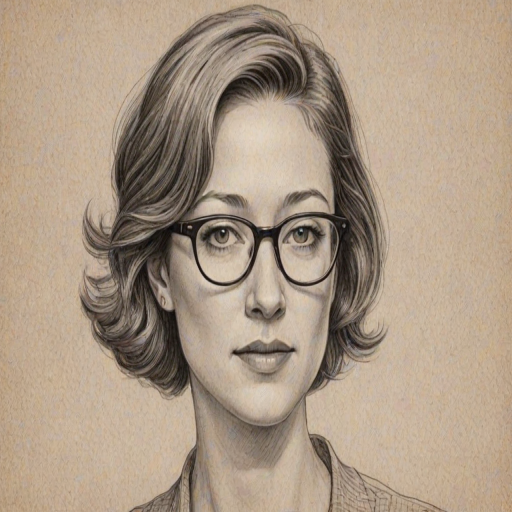 Fetching Carrie Coon, pencil sketch, portrait of Lovely woman 1947s in glasses, hair style beatnik, outline, clear lines, fine lines, 8k