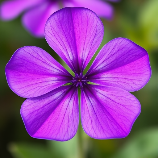 Create a vibrant purple flower shape with six petals, using a high-resolution DSLR camera, f/2.8 aperture, 50mm lens, macro view, natural light, and a soft focus background to enhance color contrast and detail.