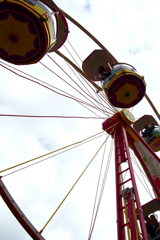 Capture a close-up shot of a colorful Ferris wheel with passengers in gondolas against a cloudy sky, using a DSLR camera with a 50mm lens, aperture set to f/2.8 for shallow depth of field, ISO 200 for bright conditions, and a shutter speed of 1/500s for capturing motion.