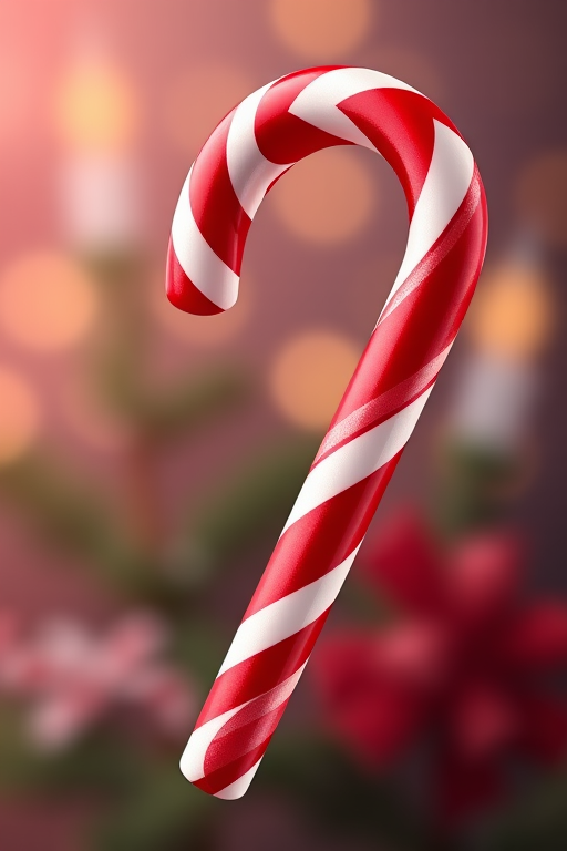 Create a vibrant and detailed illustration of a Christmas candy cane with bold red and white stripes, using a 50mm lens, aperture f/2.8 for shallow depth of field, 300 DPI for high resolution, and a soft-focus background to enhance focus on the candy cane.