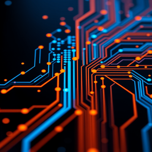 Create a high-resolution image of an abstract circuit board design featuring vibrant blue and orange dots and lines on a dark background, using a DSLR camera with a 50mm lens, aperture f/2.8, ISO 100, and a top-down view for enhanced clarity and detail.